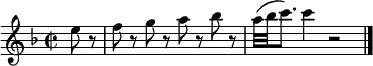 
\relative c'' {
  \time 2/2 \key f \major
  \partial 4 e8 r |
  f8 r g r a r bes r |
  a32( bes c8.) c4 r2 | \bar "|."
}
