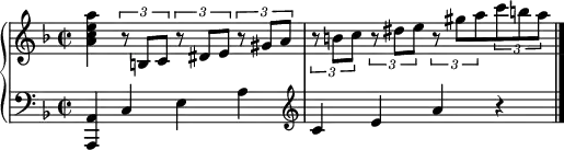 
\new GrandStaff <<
  \new Staff \relative c'' {
    \time 2/2 \key f \major
    <a c e a>4 \times 2/3 { r8 b, c } \times 2/3 { r dis e } \times 2/3 { r gis a } |
    \times 2/3 { r8 b c } \times 2/3 { r dis e } \times 2/3 { r gis a } \times 2/3 { c b a } |
  }
  \new Staff \relative c {
    \clef "bass"
    \key f \major
    <a a,>4 c e a |
    \clef "treble" c4 e a r | \bar "|."
  }
>>
