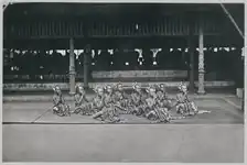 The bedhaya dancers doing a sembah (tribute) to the Sultan of Yogyakarta in 1884.