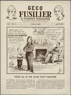 Cover of the GECO Fusilier Magazine that shows a cartoon by Lou Skuce on the cover which compares a women's contribution in a munition factory to that of a soldier.