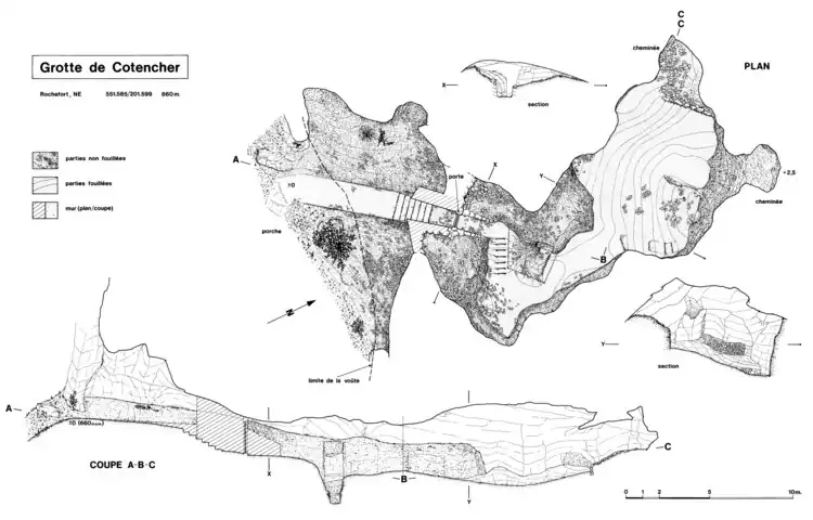 Plan and cross-section describing the topography of the Grotte de Cotencher