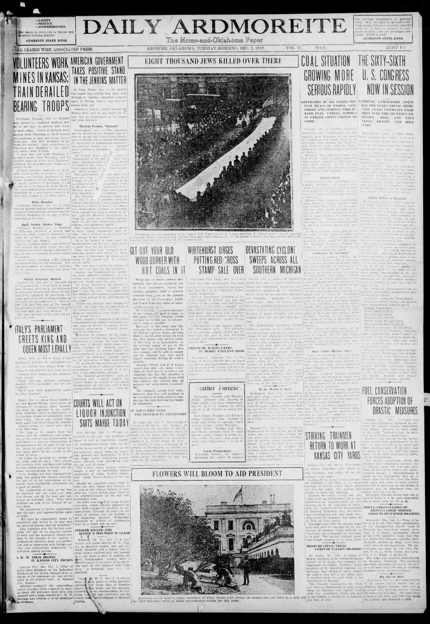 alt=People in New York protesting against the violent pogroms Caption Reads: Thousands of Jews marched in the great New York Parade to a mass meeting of protest against recent pogroms in Ukraine, where, speakers said, 120,000 Jews have been massacred. In the parade a service flag was carried with 8,000 stars for Jews killed in service of the United States. -2 December 1919; Daily Ardmoreite (Oklahoma Paper)