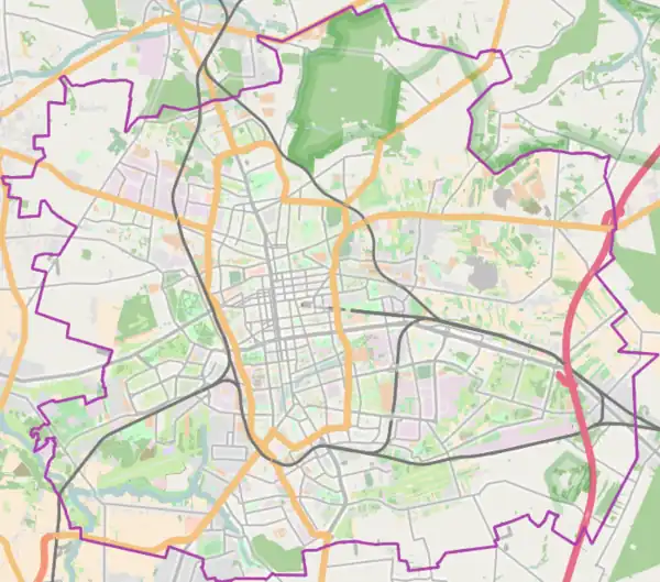 Mapa konturowa Łodzi, w centrum znajduje się punkt z opisem „Bank Handlowy w Łodzi”
