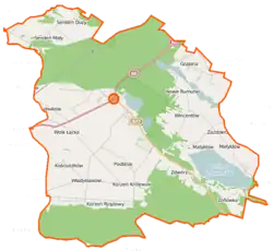 Mapa konturowa gminy Łąck, blisko centrum na prawo znajduje się punkt z opisem „Wincentów”