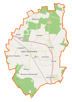 Mapa konturowa gminy Łęka Opatowska, na dole nieco na prawo znajduje się punkt z opisem „Parafiapw. świętego Idziegow Siemianicach”