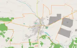 Mapa konturowa Łagowa, w centrum znajduje się punkt z opisem „Parafia św. Michała Archanioła”