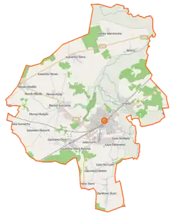 Mapa konturowa gminy Łapy, blisko centrum na prawo znajduje się punkt z opisem „Bociany”