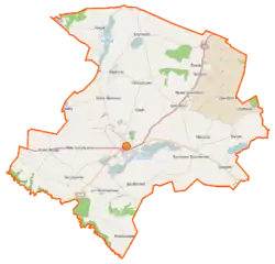 Mapa konturowa gminy Łasin, po prawej nieco u góry znajduje się punkt z opisem „Huta-Strzelce”