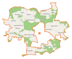 Mapa konturowa gminy wiejskiej Łaskarzew, u góry nieco na lewo znajduje się punkt z opisem „Budel”