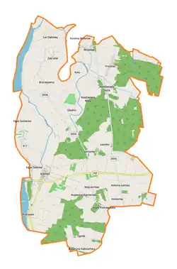Mapa konturowa gminy Łaziska, blisko centrum u góry znajduje się punkt z opisem „Niedźwiada Duża”