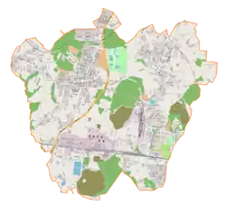 Mapa konturowa Łazisk Górnych, u góry po prawej znajduje się punkt z opisem „Wilk Elektronik S.A.”