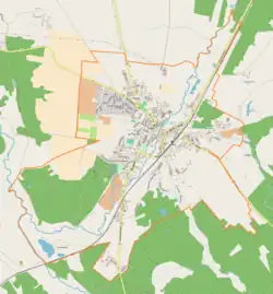 Mapa konturowa Łobza, w centrum znajduje się punkt z opisem „Parafia pw. Najświętszego Serca Pana Jezusa w Łobzie”