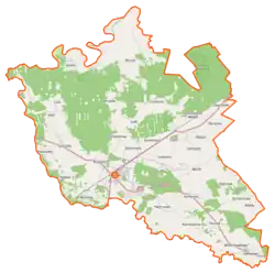 Mapa konturowa gminy Łochów, u góry po lewej znajduje się punkt z opisem „Szumin”