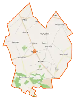 Mapa konturowa gminy Łubianka, blisko centrum u góry znajduje się punkt z opisem „Wymysłowo”