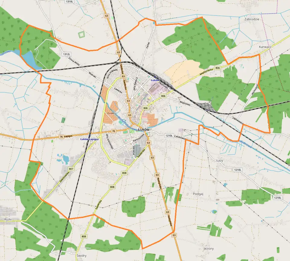 Mapa konturowa Łukowa, w centrum znajduje się punkt z opisem „Glinki”