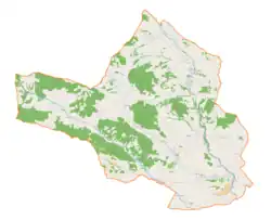 Mapa konturowa gminy Łukowica, na dole znajduje się czarny trójkącik z opisem „Stymberek”