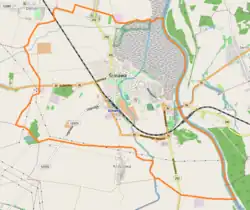 Mapa konturowa Ścinawy, w centrum znajduje się punkt z opisem „Kościół Podwyższenia Krzyża Świętego”