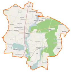 Mapa konturowa gminy Ślesin, u góry nieco na lewo znajduje się punkt z opisem „Kijowiec-Szyszynek”