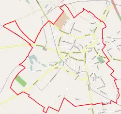 Mapa konturowa Śmigla, po prawej nieco u góry znajduje się punkt z opisem „Parafia NMP Wniebowziętej”
