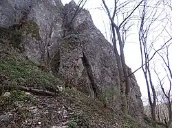 Skała Średnik z widoczną szczeliną