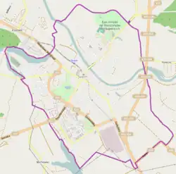 Mapa konturowa Śremu, blisko dolnej krawiędzi po prawej znajduje się punkt z opisem „Grzymysław”