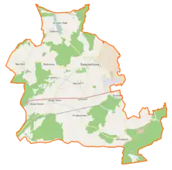 Mapa konturowa gminy Święciechowa, blisko centrum na lewo znajduje się punkt z opisem „Trzebiny”