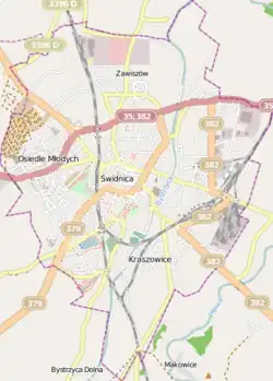 Mapa konturowa Świdnicy, po prawej nieco u góry znajduje się punkt z opisem „Sonel S.A.”