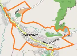 Mapa konturowa Świerzawy, na dole nieco na prawo znajduje się punkt z opisem „Telewizyjna Stacja Retransmisyjna Mickiewicza”