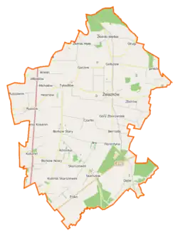 Mapa konturowa gminy Żelazków, na dole znajduje się punkt z opisem „Skarszew”