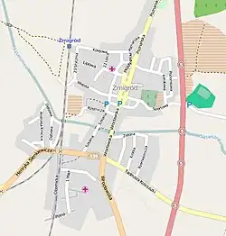 Mapa konturowa Żmigrodu, u góry nieco na lewo znajduje się punkt z opisem „Żmigród”