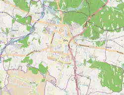 Mapa konturowa Żor, blisko centrum na lewo znajduje się punkt z opisem „Rogoźna”
