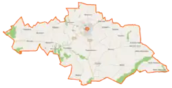 Mapa konturowa gminy Żuromin, blisko centrum u góry znajduje się punkt z opisem „Żuromin”