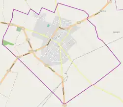Mapa konturowa Żuromina, blisko centrum u góry znajduje się punkt z opisem „Parafia św. Antoniego”