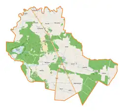 Mapa konturowa gminy Żyrzyn, po lewej znajduje się punkt z opisem „Piskory”