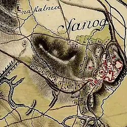 Sanok, fragment pierwszego wojskowego zdjęcia topograficznego Galicji z okresu „józefińskiego” tzw. mapa von Miega (1769–1787)