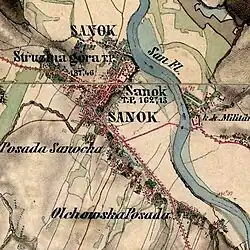 Sanok, fragment drugiego wojskowego zdjęcia topograficznego Galicji