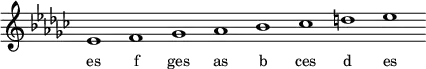 
\relative f'{
\key es \minor
\override Staff.TimeSignature #'stencil = ##f
\cadenzaOn es1 f ges as b ces d es \cadenzaOff
}
\addlyrics { \small {
es f ges as b ces d es
} }
