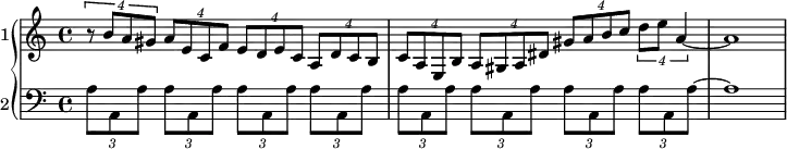 
\new GrandStaff <<
  \new Staff \with {instrumentName = "1"}
  {\tuplet 4/2 {r8 b' a' gis'} \tuplet 4/2 {a' e' c' f'} \tuplet 4/2 {e' d' e' c'} \tuplet 4/2 {a d' c' b} \tuplet 4/2 {c' a e b} \tuplet 4/2 {a gis a dis'}
  \tuplet 4/2 {gis' a' b' c''} \tuplet 4/2 {d'' e'' a'4~} 1)
  }
  \new Staff \with {instrumentName = "2"}
  {\clef bass \tuplet 3/2 {a8 a, a} \tuplet 3/2 {a a, a} \tuplet 3/2 {a a, a} \tuplet 3/2 {a a, a}
  \tuplet 3/2 {a a, a} \tuplet 3/2 {a a, a} \tuplet 3/2 {a a, a} \tuplet 3/2 {a a, a~} 1
  }
>>
