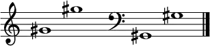 
\new Staff \with
{
  \omit TimeSignature
  fontSize = #2
  \override StaffSymbol.staff-space = #1.25
  \override StaffSymbol.thickness = #1.25
  \override Clef.full-size-change = ##t
  \override BarLine.hair-thickness = #2.4
  \override BarLine.thick-thickness = #7.5
  \override BarLine.kern = #3.75
  \override BarLine.transparent = ##t
}
{
  \time 18/8
  \clef treble
  s8
  gis'1 gis''
  s8
  \grace s8
  \clef bass
  \bar "|"
  s8
  gis,1 gis
  \override Staff.BarLine.transparent = ##f
  \bar "|."
}
