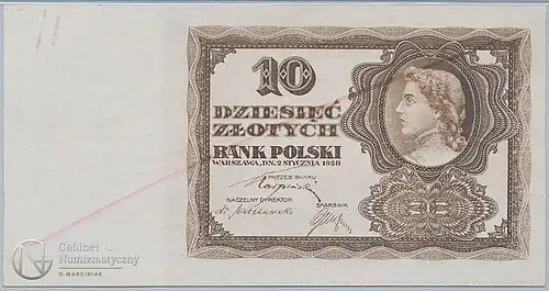 Awers częściowego druku próbnego 10 złotych 1928