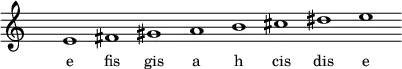 
\relative c'{
\override Staff.TimeSignature #'stencil = ##f
s2 \cadenzaOn s2 e1 fis gis a b cis dis e \cadenzaOff
}
\addlyrics { \small {
e1 fis gis a h cis dis e
} }
