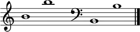 
\new Staff \with
{
  \omit TimeSignature
  fontSize = #2
  \override StaffSymbol.staff-space = #1.25
  \override StaffSymbol.thickness = #1.25
  \override Clef.full-size-change = ##t
  \override BarLine.hair-thickness = #2.4
  \override BarLine.thick-thickness = #7.5
  \override BarLine.kern = #3.75
  \override BarLine.transparent = ##t
}
{
  \time 18/8
  \clef treble
  s8
  b'1 b''
  s8
  \grace s8
  \clef bass
  \bar "|"
  s8
  b,1 b
  \override Staff.BarLine.transparent = ##f
  \bar "|."
}
