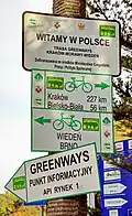 Pierwsze tablice po stronie polskiej trasy Greenways K-M-W w Cieszynie, za mostem Wolności