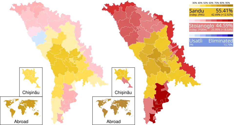 Mapa przedstawiająca wyniki wyborów prezydenckich w Mołdawii w 2024 roku. Po lewej stronie widoczne są wyniki I tury głosowania, a po prawej wyniki II tury, z podziałem na regiony.