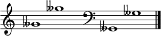 
\new Staff \with
{
  \omit TimeSignature
  fontSize = #2
  \override StaffSymbol.staff-space = #1.25
  \override StaffSymbol.thickness = #1.25
  \override Clef.full-size-change = ##t
  \override BarLine.hair-thickness = #2.4
  \override BarLine.thick-thickness = #7.5
  \override BarLine.kern = #3.75
  \override BarLine.transparent = ##t
}
{
  \time 18/8
  \clef treble
  s8
  geses'1 geses''
  s8
  \grace s8
  \clef bass
  \bar "|"
  s8
  geses,1 geses
  \override Staff.BarLine.transparent = ##f
  \bar "|."
}
