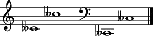 
\new Staff \with
{
  \omit TimeSignature
  fontSize = #2
  \override StaffSymbol.staff-space = #1.25
  \override StaffSymbol.thickness = #1.25
  \override Clef.full-size-change = ##t
  \override BarLine.hair-thickness = #2.4
  \override BarLine.thick-thickness = #7.5
  \override BarLine.kern = #3.75
  \override BarLine.transparent = ##t
}
{
  \time 18/8
  \clef treble
  s8
  ceses'1 ceses''
  s8
  \grace s8
  \clef bass
  \bar "|"
  s8
  ceses,1 ceses
  \override Staff.BarLine.transparent = ##f
  \bar "|."
}
