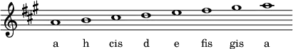 
\relative f'{
\key a \major
\override Staff.TimeSignature #'stencil = ##f
\cadenzaOn a1 b cis d e fis gis a \cadenzaOff
}
\addlyrics { \small {
a h cis d e fis gis a
} }
