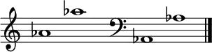 
\new Staff \with
{
  \omit TimeSignature
  fontSize = #2
  \override StaffSymbol.staff-space = #1.25
  \override StaffSymbol.thickness = #1.25
  \override Clef.full-size-change = ##t
  \override BarLine.hair-thickness = #2.4
  \override BarLine.thick-thickness = #7.5
  \override BarLine.kern = #3.75
  \override BarLine.transparent = ##t
}
{
  \time 18/8
  \clef treble
  s8
  as'1 as''
  s8
  \grace s8
  \clef bass
  \bar "|"
  s8
  as,1 as
  \override Staff.BarLine.transparent = ##f
  \bar "|."
}
