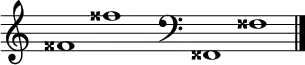 
\new Staff \with
{
  \omit TimeSignature
  fontSize = #2
  \override StaffSymbol.staff-space = #1.25
  \override StaffSymbol.thickness = #1.25
  \override Clef.full-size-change = ##t
  \override BarLine.hair-thickness = #2.4
  \override BarLine.thick-thickness = #7.5
  \override BarLine.kern = #3.75
  \override BarLine.transparent = ##t
}
{
  \time 18/8
  \clef treble
  s8
  fisis'1 fisis''
  s8
  \grace s8
  \clef bass
  \bar "|"
  s8
  fisis,1 fisis
  \override Staff.BarLine.transparent = ##f
  \bar "|."
}
