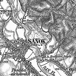 Sanok w roku 1887, przed budową linii kolejowej, trzecie wojskowe zdjęcie topograficzne Galicji